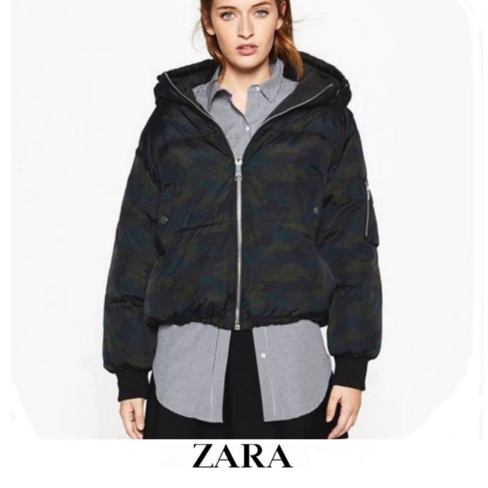 Zara Basic Outerwear Jacket Blue Green Camo Puffer Coat Hooded Oversized XS